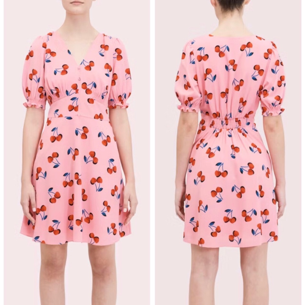 Kate Spade Cherry Toss Puff Sleeve Flowy Feminine Pink Red Mini Dress size 6